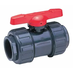 This ASAHI ball valve features a 4-inch CPVC straight one-piece body with a Tee handle. Rated for a maximum pressure of 150 psi (CWP), it is suited for on/off flow control in industrial piping systems handling corrosive fluids, such as in chemical processing and water treatment lines.