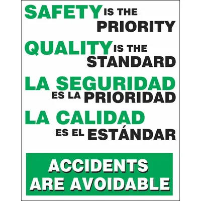 ACCUFORM Safety Poster: 22 in x 17 in Nominal Sign Size, Clear Film Laminate - Safety is the Priority Quality Is The Standard Posters