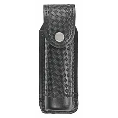 This holster is constructed from synthetic leather and features a snap closure for secure retention of pepper spray canisters. It is designed for belt or duty carry, providing quick access during patrol or facility operations. Suitable for security and industrial safety applications.