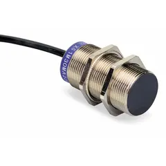 Inductive cylindrical proximity sensor with non-terminated cable, unshielded, and normally closed (NC) output. Operates on AC or DC supply voltages from 24 to 240 V. Suitable for non-contact detection of metal objects in industrial automation, packaging, and material handling applications.