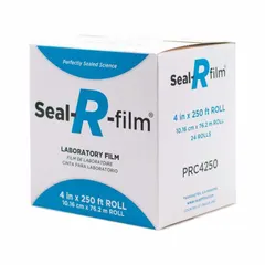Non-sterile, clear paraffin sealing film for temporary sealing of laboratory containers such as beakers, flasks, and plates. Provides a moisture-resistant barrier to reduce evaporation, contamination, or spillage during experiments, sample storage, or transport. Measures 4 in width, 250 ft length, and 0.14 mm thickness.