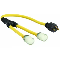 This twist-lock plug extension cord adapter with splitter features a NEMA L5-30P plug and L5-20R receptacle, rated for 120V AC and 10 AWG. The yellow jacket provides visibility in work areas. Suitable for connecting equipment with L5-20R receptacles to L5-30P power sources in industrial or temporary power setups. Temperature rating: -58° to 194°F.
