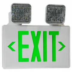 White, two-face, green LED exit sign with emergency lights for ceiling or wall mounting. Operates on 120/277V AC and includes universal field-selectable chevrons. Remote capable for expanded coverage in commercial and industrial egress applications.