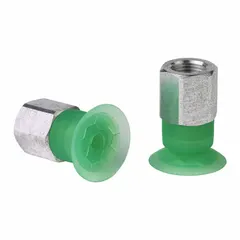 Flat type vacuum pad assembly with G1/8 in vacuum port and 21 mm pad diameter. Constructed from food-grade silicone rubber. Used for handling film, paper, and other materials in packaging and food processing applications.