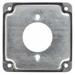 Galvanized zinc cover for square electrical boxes, featuring a crushed corner design. Used to enclose wiring connections in junction boxes, providing a finished surface and protection in indoor or protected outdoor installations.