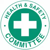 Non-reflective circle label for identifying health and safety committee members on hard hats. Diameter 2 inches, printed in English. Pack of 4 labels. Suitable for use in industrial environments to designate personnel responsible for safety oversight