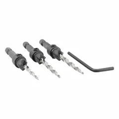 This 3-piece countersink set is designed for creating flush finishes when driving #10, #6, and #8 screws into wood or metal. Each countersink produces a clean, consistent recess for screw heads, helping to prevent material splitting. Suitable for cabinetry, decking, and general construction applications.