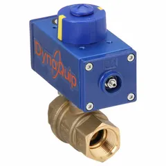 This two-way ball valve features a brass body with female NPT threaded ends for on/off flow control in industrial piping systems. It is pneumatically actuated with a 115V AC pilot solenoid, suitable for water, oil, and gas applications requiring remote actuation.