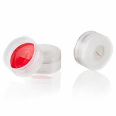 Snap-on bottle cap with 11 mm diameter, made of colorless polyethylene. Includes a PTFE-lined septa for needle penetration. Suitable for sealing laboratory vials and sample bottles in chromatography, environmental testing, and chemical storage applications.