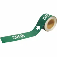 Green adhesive pipe markers with white 'Drain' legend and directional arrows, designed for pipes with outer diameters of 1-1/2 to 2 inches. Each roll contains 25 markers for identifying drain lines in industrial piping systems