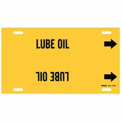 This strap-on pipe marker identifies pipes carrying lube oil. It features a yellow background with black legend text and directional arrows. Designed to fit pipe outer diameters from 8 to 9-7/8 inches, it is used in industrial facilities for clear pipe content identification.