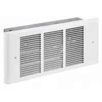 This register-style electric wall heater from Dayton is designed for recessed installation, providing primary or supplemental heating. It operates on 208/240V AC single-phase power and offers selectable wattage outputs of 450, 900, 1350, or 1800 W. The unit features a white grille and has rough-in dimensions of 6-3/4 in x 14 in x 4-1/2 in. Suitable for spaces where a flush-mounted, low-profile heating solution is required