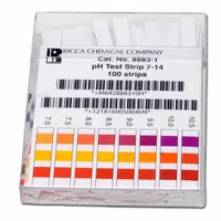 These high precision pH strips measure pH levels from 7 to 14 with a resolution of 0.5 pH. Each strip is 4 inches long and 3 inches wide. Suitable for quick alkalinity checks in water treatment, chemical processing, and laboratory testing
