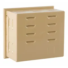 This steel thermostat guard protects wall-mounted thermostats from tampering and accidental adjustment. It features a hinged cover with lock and key, a solid base, and single-wall construction. Inside dimensions: 4-5/8 in H x 5-1/4 in W x 2-1/2 in D. Outside dimensions: 5-3/16 in H x 5-13/16 in W x 2-13/16 in D. Color: Beige.