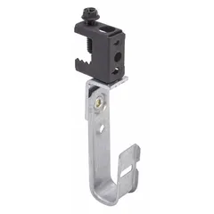 Galvanized steel beam mount j-hook with clamp-on locking latch for secure attachment to beam flanges. Supports cable bundles up to 3/4 in diameter and allows 360° horizontal rotation for flexible routing. Used for supporting low-voltage and data cables in commercial and industrial installations.