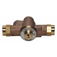 Thermostatic mixing valve in brass with 1/2 in NPT inlet and outlet connections. Designed for use with a single eyewash station, it blends hot and cold water to deliver tepid water. Includes a cold water bypass feature. Commonly used in industrial and laboratory settings where tempered water is required for emergency eyewash equipment