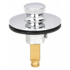 This brass pop-up bathtub drain stopper features a silver finish and a 2-inch overall diameter, designed to fit 1-1/4-inch drain openings. It includes a gasket for sealing. Used in residential and commercial bathtub drains to hold water for bathing and release it when lifted.