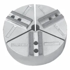 Full-grip lathe jaw made of aluminum with serrated gripping surface, designed for use in a 12-inch chuck. Features a round profile and 4-inch height, secured with M16 mounting bolts. Suitable for holding round workpieces during turning, facing, and other machining operations.