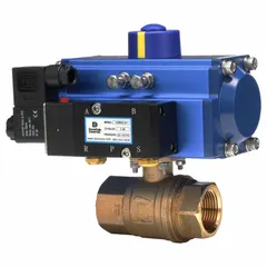 This pneumatically-actuated two-way ball valve is constructed of brass in a two-piece design with 1-1/2 inch FNPT x FNPT connections. It is used for on/off flow control in industrial piping systems handling water, oil, or gas. The valve requires a separate pilot solenoid for automated operation, as solenoid voltage is not included.