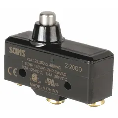 This snap-action switch features a plunger actuator with 1 normally open and 1 normally closed contact configuration. It is rated for 20 A at 480 V AC and uses screw-type electrical connections. Suitable for limit, safety, and position sensing applications in industrial machinery and automation systems.