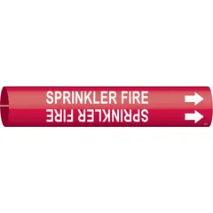 This snap-on pipe marker identifies sprinkler fire piping. It features a red background with white legend text and includes directional arrows. Designed to fit pipe outer diameters from 3/4 to 1-3/8 inches. Suitable for use in industrial and commercial facilities to mark fire suppression lines.