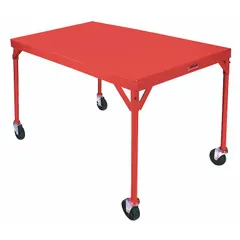 This unassembled mobile worktable features a powder-coated steel top and frame with a fixed height. It includes rubber wheels on threaded stem casters for mobility. Suitable for light-duty tasks in industrial workshops, assembly lines, and maintenance areas where repositioning is needed.