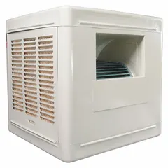 This evaporative cooler is designed for residential ducted applications. It operates on 120V AC with a 1/3 hp motor and includes a factory-installed drive package. The unit measures 28 1/4 in x 28 in x 28 in with a 2 in pad thickness.