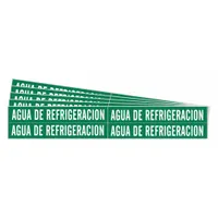 Green adhesive pipe marker with white legend reading 'Agua De Refrigeracion' for identifying cooling water lines. Fits pipe outer diameters from 3/4 to 2-3/8 inches. Supplied in packs of 5 without arrows. Suitable for industrial piping systems requiring color-coded identification per standard conventions