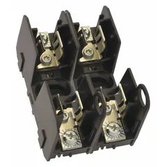 This BUSSMANN fuse block features an open block design with 2 poles, rated for 600 V AC. It accepts UL Class J fuses and uses screw terminals for secure connections. The non-indicating design is suitable for overcurrent protection in industrial electrical panels and power distribution circuits.