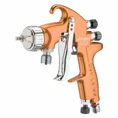 Aluminum HVLP spray gun with 1/4 in NPS air inlet. Designed for applying paints, dyes, glazes, lacquers, and stains in industrial finishing, woodworking, and automotive refinishing. HVLP design reduces overspray and improves transfer efficiency.