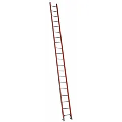 This 20 ft fiberglass straight ladder features 20 rungs and a 300 lb load capacity. Non-conductive construction provides electrical safety for industrial and maintenance tasks. Slip-resistant shoes and mar-resistant end caps enhance stability and protect surfaces. Weight: 46 lb; color: orange.