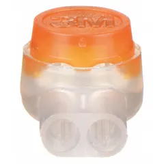 This 2-port pigtail butt splice wire connector uses insulation displacement termination, eliminating the need for wire stripping. Rated for 600 V, it accommodates 26 AWG to 19 AWG run sizes. Suitable for joining two wires in electrical installations.
