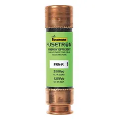 The BUSSMANN FRN-R-2 is a Class RK5, time-delay cylindrical fuse rated at 2 A with 250 V AC and 125 V DC capacity. It is non-indicating and part of the FRN-R Series. This fuse is used for overcurrent protection in branch circuits, motor circuits, lighting, and control transformers, where its time-delay characteristic accommodates inrush currents without nuisance opening.