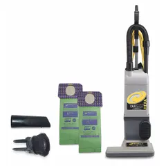 This corded upright vacuum features a brushed motor with 96 cfm airflow and a mechanical clutch drive belt. It includes an onboard hose for above-floor cleaning and has a 1-position head height adjustment. Suitable for routine carpet and hard floor maintenance in commercial settings.