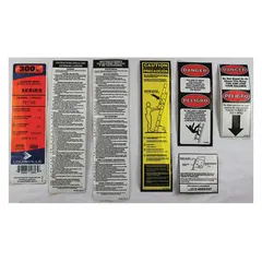 Replacement label kit for Louisville Ladder model FE7108. Includes necessary labels to maintain safety and compliance markings on compatible ladders. Used in industrial and commercial settings to ensure clear identification and warning labels remain legible during use.