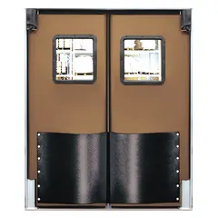 Two-door insulated swinging door with brown polyethylene construction and a polycarbonate window. Includes door seals, bumpers, and mounting hardware. Meets USDA standards. Suitable for temperature-controlled environments requiring thermal efficiency and hygiene.