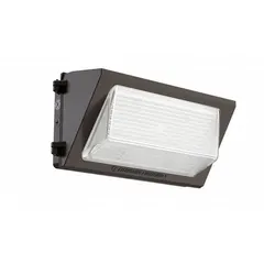 Full-size LED wall pack delivering 8500 lumens with selectable color temperature (3000K/4000K/5000K). Operates on 120-347V AC at 59W with Type IV distribution for wide, forward-throw illumination. Suitable for building perimeters, parking lots, and walkways. Bronze finish.