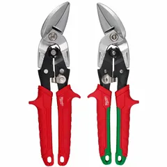 This offset aviation snip set includes left and right cutting models for straight and curved cuts in sheet metal. Each snip has a forged steel construction with TPR handles, a 10-inch overall length, and a 1.5-inch cutting length. Suitable for cutting thin metal and aluminum in HVAC, sheet metal, and fabrication work.