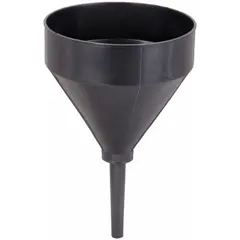 This black polyethylene drum funnel is designed for use with a swivel spout with screen. It has a 5/8 in spout diameter and measures 7 1/2 in x 12 in. The funnel does not include a lid or flame arrester. Typical applications include transferring fluids into drums in industrial maintenance, fuel handling, and chemical processing.