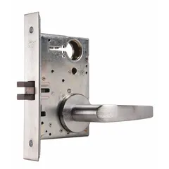 ARROW passage lever lockset with ANSI F01 function for interior doors where locking is not required. Features a satin chromium-plated brass finish, curved lip style, and ADA-compliant lever. Includes interchangeable core for keying flexibility. Suitable for applications such as hallways or closets in commercial or institutional settings.