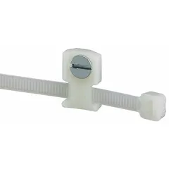 Natural nylon screw-mount cable tie base for securing wiring bundles. Low-profile design with a 0.11 in slot width and 0.05 in slot height, accepting miniature, intermediate, and standard cable ties. Mounts via a #5 screw hole. Pack of 100 pieces.