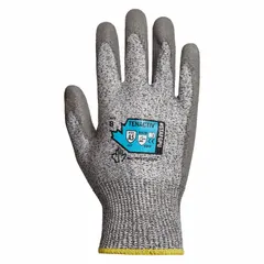 Medium-duty cut-resistant gloves with ANSI Cut Level A5 protection. Gray knit shell with polyurethane palm dip for grip and abrasion resistance. Suitable for handling sharp metal, glass, or plastic parts in assembly, packaging, and general industrial work. Sold in packs of 12 pairs, size 3XL. Not touchscreen compatible; no reinforced thumb crotch.