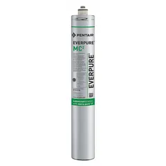 Quick-connect water filter for drinking fountains and beverage machines. Reduces cysts using Agion filter media. Flow rate 1.7 gpm, capacity 9,000 gallons, overall height 21 inches. 0.5 micron filtration.