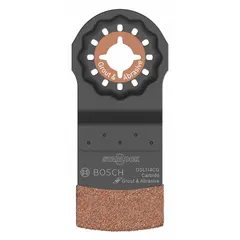 Carbide grit straight scraper blade for oscillating tools with Starlock connection. Blade length 4 in. Used for removing adhesives, paint, caulk, and floor coverings in construction and renovation tasks.