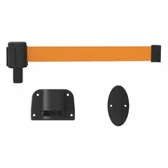 Wall-mount retractable belt barrier with a 15 ft orange belt and black frame. Designed for pedestrian traffic guidance, queue management, and area delineation in industrial and commercial settings.