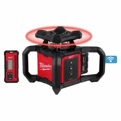 Red beam horizontal rotary laser level with electronic self-leveling, one dot, and accuracy of 3/32 in @ 100 ft. Powered by an 18V Lithium Ion battery (included) and two AA batteries. Includes ONE-KEY Tracking and Tool Management. Used for horizontal alignment and leveling in construction, framing, and interior finishing.