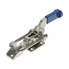 Horizontal U-latch toggle clamp with auto latch release and locking horizontal handle. Includes latch plate. Used for quick workpiece holding in fixturing, welding, and assembly operations.