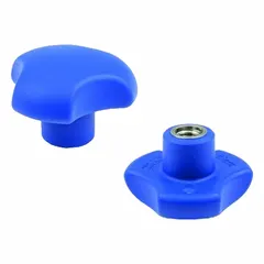 This 3-arm knob features a threaded hole with an M8 stainless steel stud and a RAL 5005 blue plastic body. The 40 mm diameter design provides a secure grip for manual clamping, positioning, and adjustment tasks on industrial equipment.