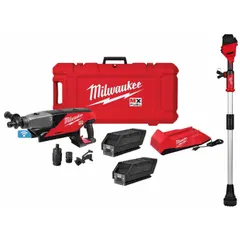 This combination kit includes a core drill and a transfer pump, both powered by the M18™ system (18 V DC to 72 V DC). The core drill is used for creating holes in masonry or concrete, while the transfer pump handles fluid movement on job sites. The kit is suitable for construction, plumbing, and maintenance tasks requiring portable battery-powered tools.