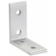 This inside corner bracket is used to join structural profiles at 90-degree angles in machine frames, workstations, and industrial enclosures. Made of anodized aluminum with a gray finish, it measures 76 mm x 34 mm x 6 mm and fits 8 mm slot width with four holes. Suitable for 15 Series framing systems.